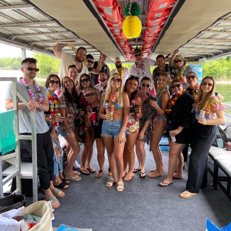 a group of people standing in front of a crowd